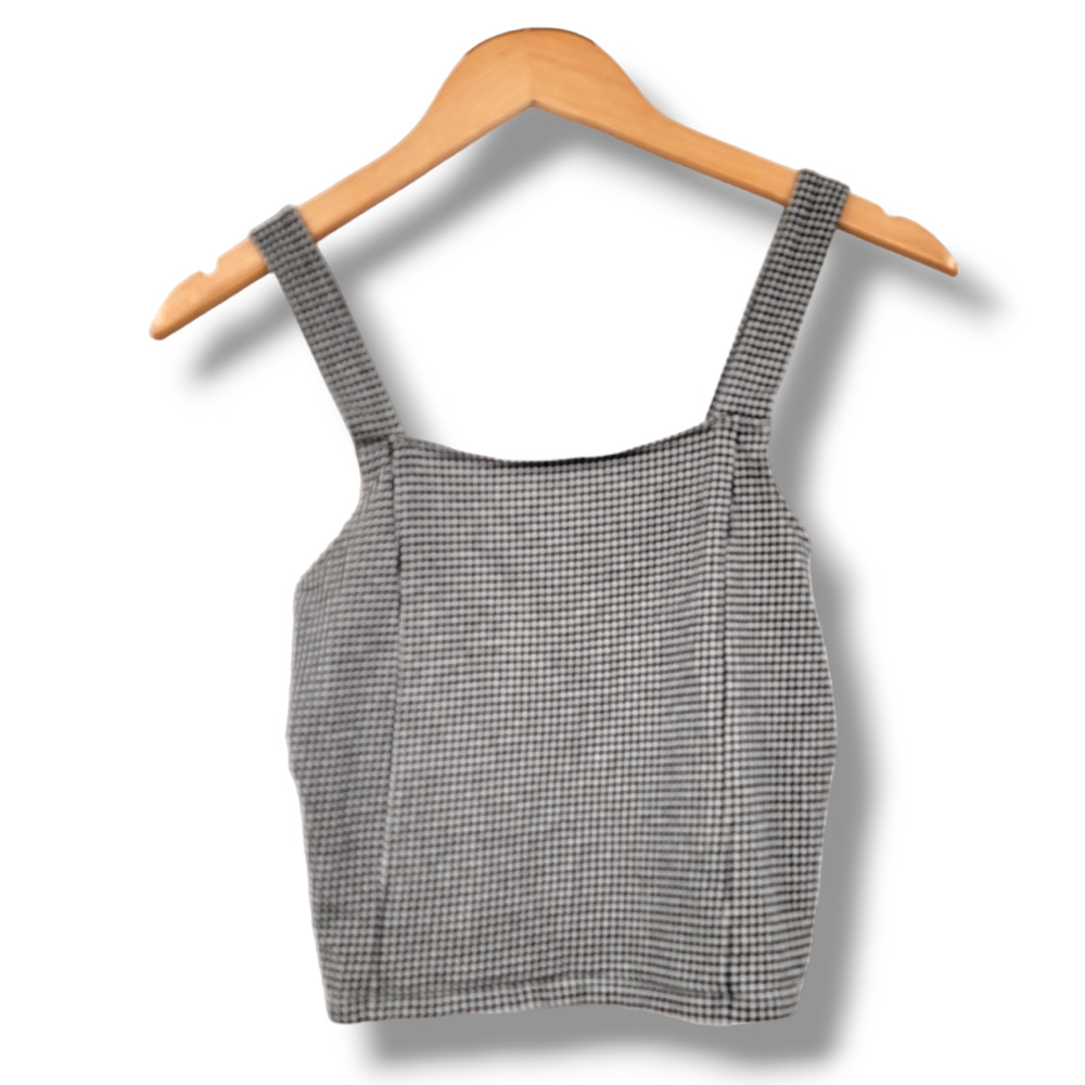 American Eagle Women's Gingham Print Cropped Tank Top Black White | Size Medium